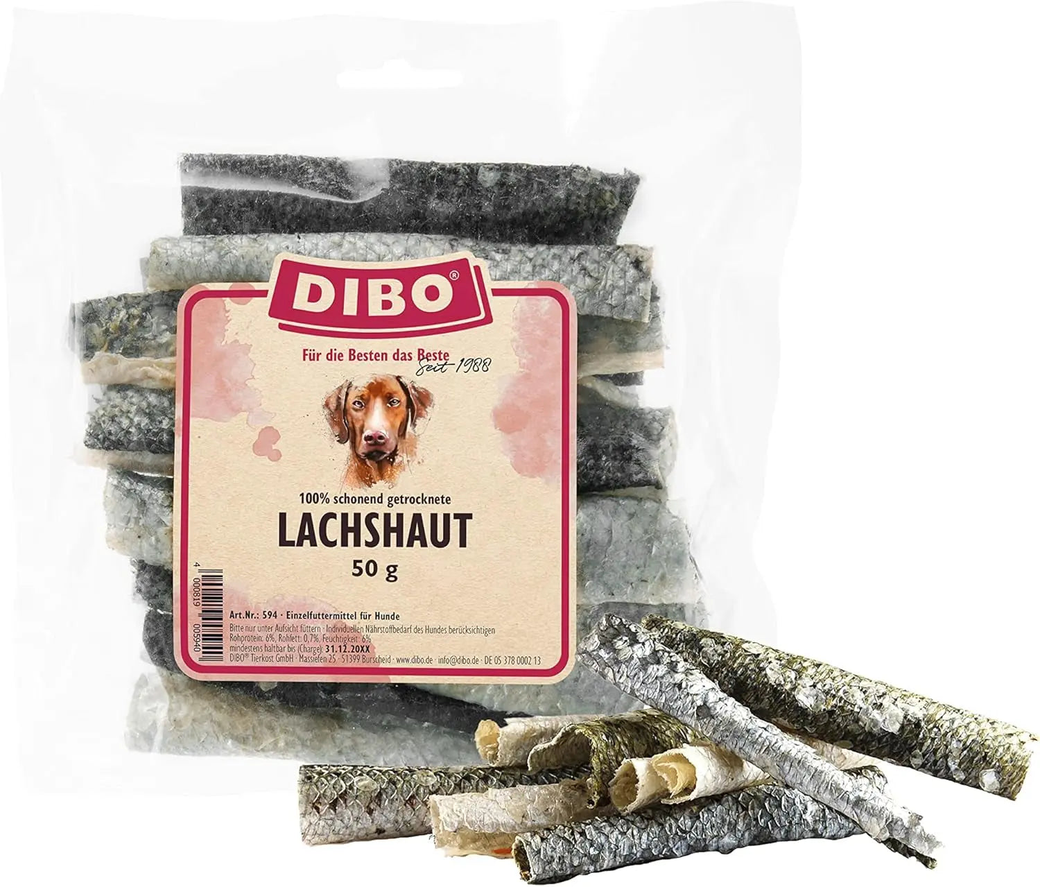 DIBO Peau De Saumon, Sachet De 50 G, Petite Collation Ou Friandise Pour Intermédiaires, Nourriture Pour Chien Les animaux connectés 🐾