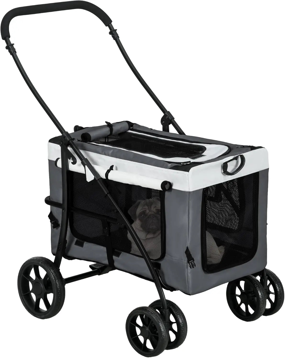 Poussette Pliable Animaux Chien Chat, Nacelle Amovible Bandoulières 4 Roues Avec Frein Tissu 600D Oxford 81 X 58 X 97,5 Cm Gris Les animaux connectés 🐾