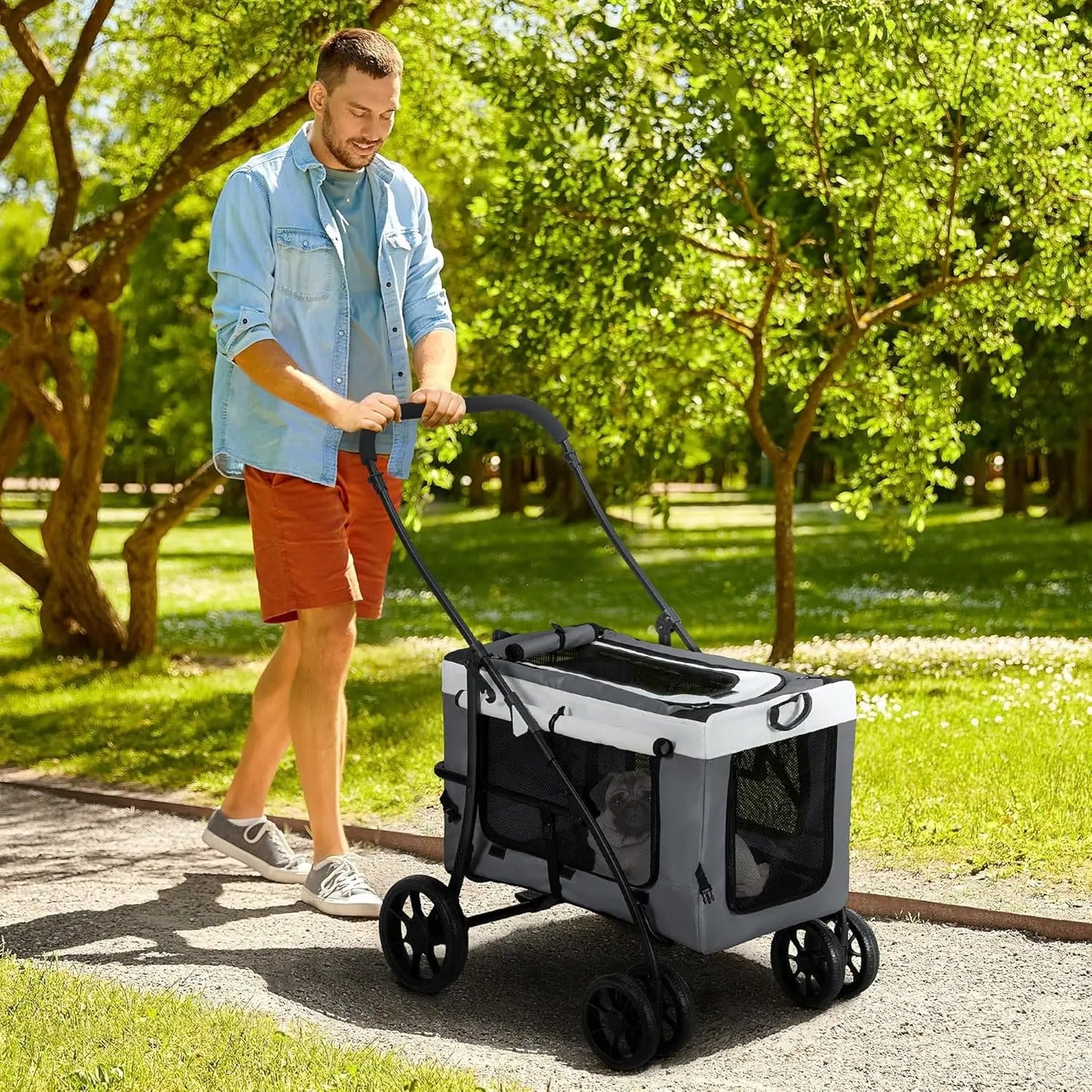 Poussette Pliable Animaux Chien Chat, Nacelle Amovible Bandoulières 4 Roues Avec Frein Tissu 600D Oxford 81 X 58 X 97,5 Cm Gris Les animaux connectés 🐾