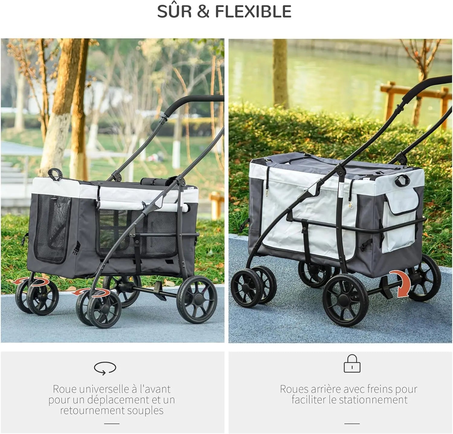 Poussette Pliable Animaux Chien Chat, Nacelle Amovible Bandoulières 4 Roues Avec Frein Tissu 600D Oxford 81 X 58 X 97,5 Cm Gris Les animaux connectés 🐾