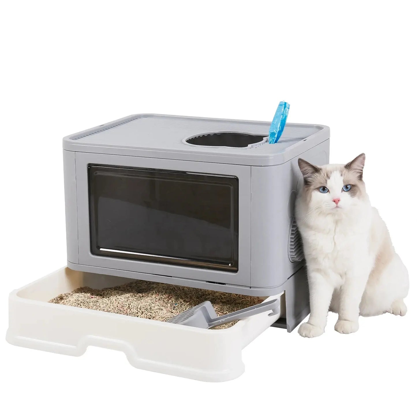 Foldable Cat Litter Box Front Entry & Top Exit Toilet Boxes with Massager Litter Scoop Enclosed Foldable Kitty Toilet Les animaux connectés 🐕📱