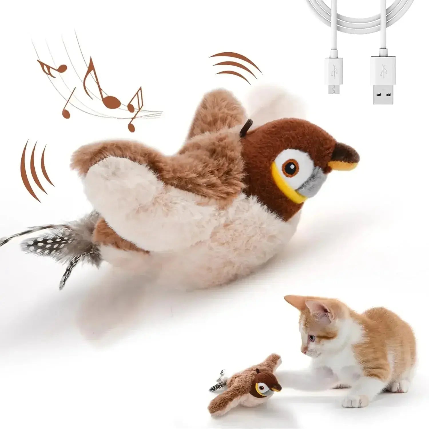 Interactive Cat Toys Chirping Electric Flapping Bird with Catnip Dogs Cats Touch Activated Squeak Plush Toy Pet USB Rechargeable Animals Kingdom