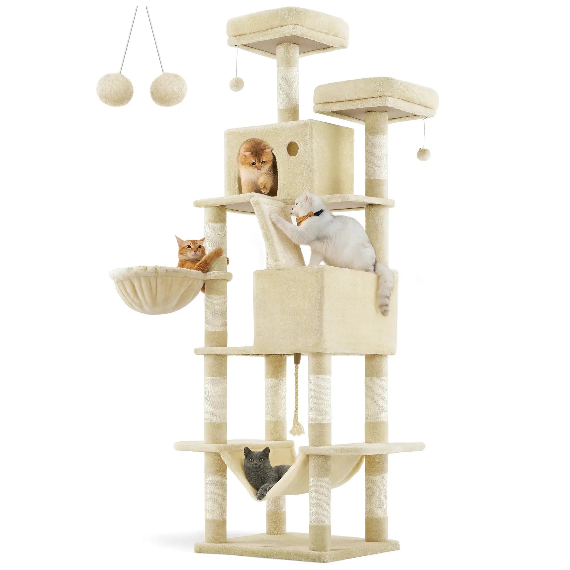 Feandrea Cat Tree, 206 cm Large Cat Tower with 13 Scratching Posts, 1 Scratching Ramp, 2 Perches, 2 Caves, Basket, Hammock Les animaux connectés 🐕📱