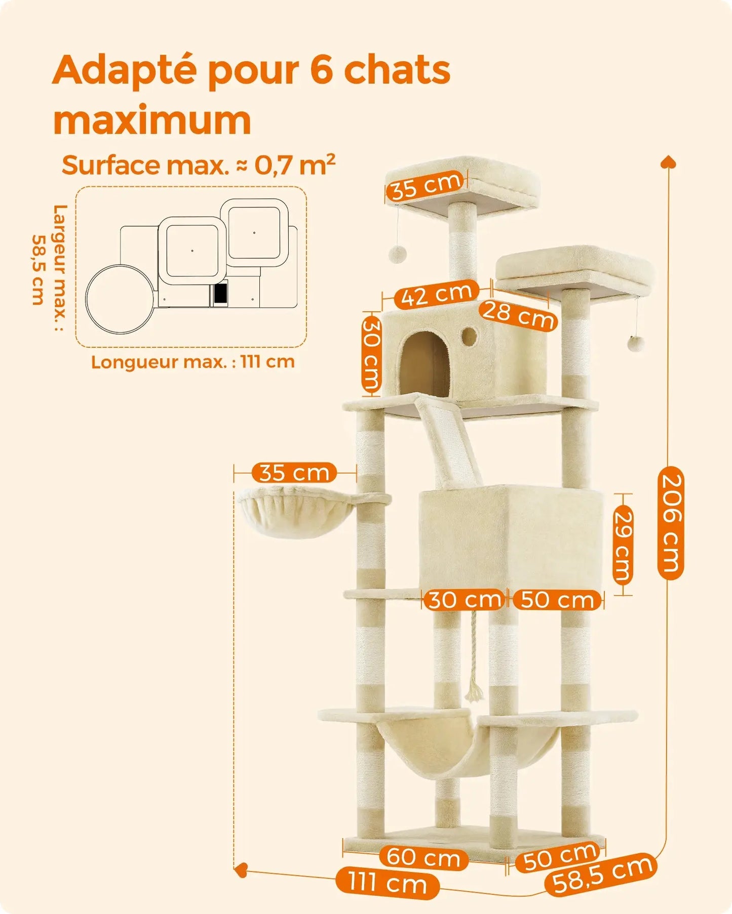 Feandrea Cat Tree, 206 cm Large Cat Tower with 13 Scratching Posts, 1 Scratching Ramp, 2 Perches, 2 Caves, Basket, Hammock Les animaux connectés 🐕📱