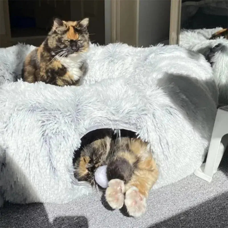 Plush Cat Bed with Tunnel for Indoor Cats Multifunctional Cat Tunnel Bed with Peephole  Fluffy Donut Cat Bed with Tunnel Les animaux connectés 🐕📱