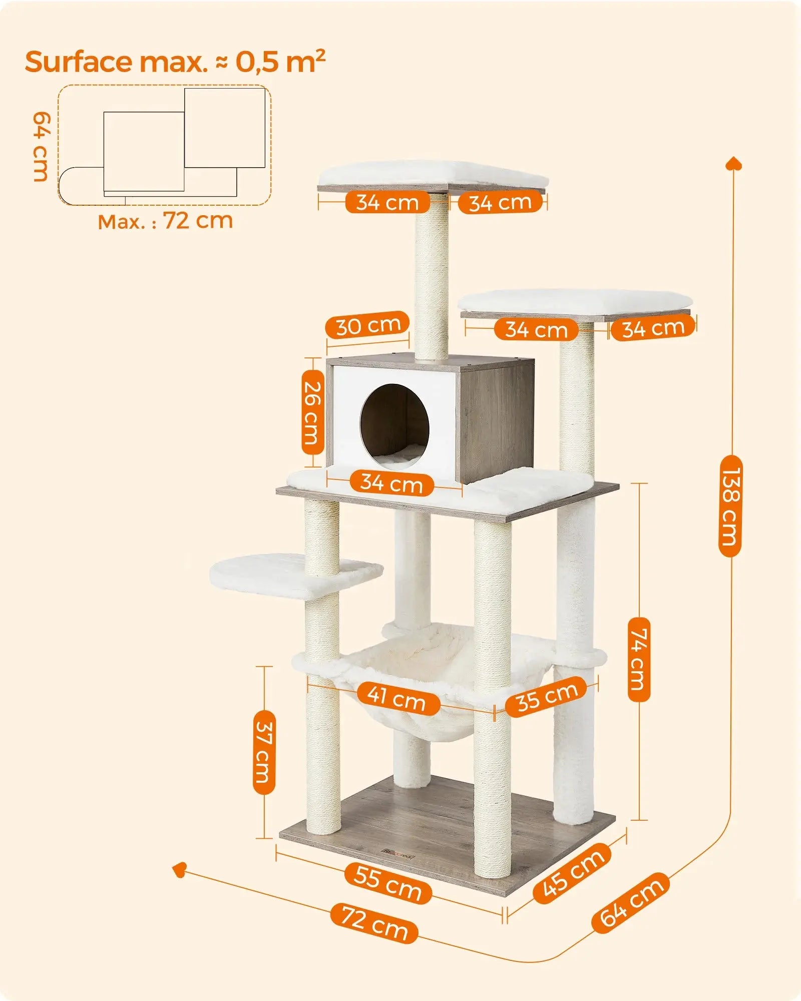 Feandrea Arbre à Chat, Tour de Jeux de 138 cm, Niche, Meuble pour Chat, Multiniveau, avec Griffoirs, Hamac, Plate-Forme Les animaux connectés 🐕📱