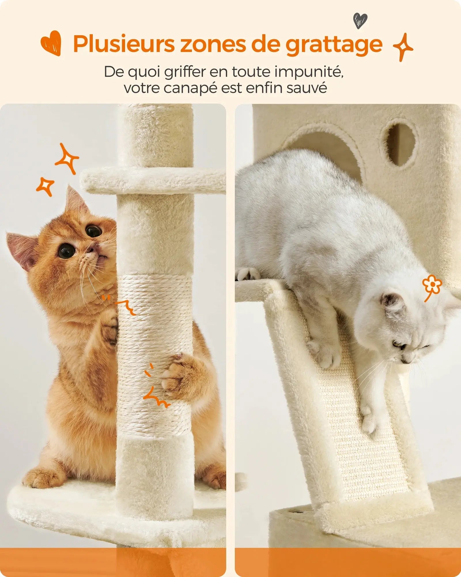 Feandrea Cat Tree, 206 cm Large Cat Tower with 13 Scratching Posts, 1 Scratching Ramp, 2 Perches, 2 Caves, Basket, Hammock Les animaux connectés 🐕📱