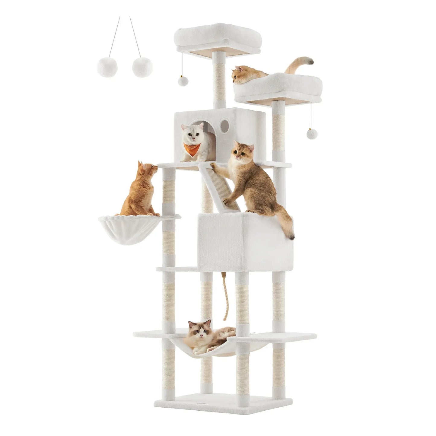 Feandrea Cat Tree, 206 cm Large Cat Tower with 13 Scratching Posts, 1 Scratching Ramp, 2 Perches, 2 Caves, Basket, Hammock Les animaux connectés 🐕📱