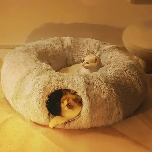 Plush Cat Bed with Tunnel for Indoor Cats Multifunctional Cat Tunnel Bed with Peephole  Fluffy Donut Cat Bed with Tunnel Les animaux connectés 🐕📱