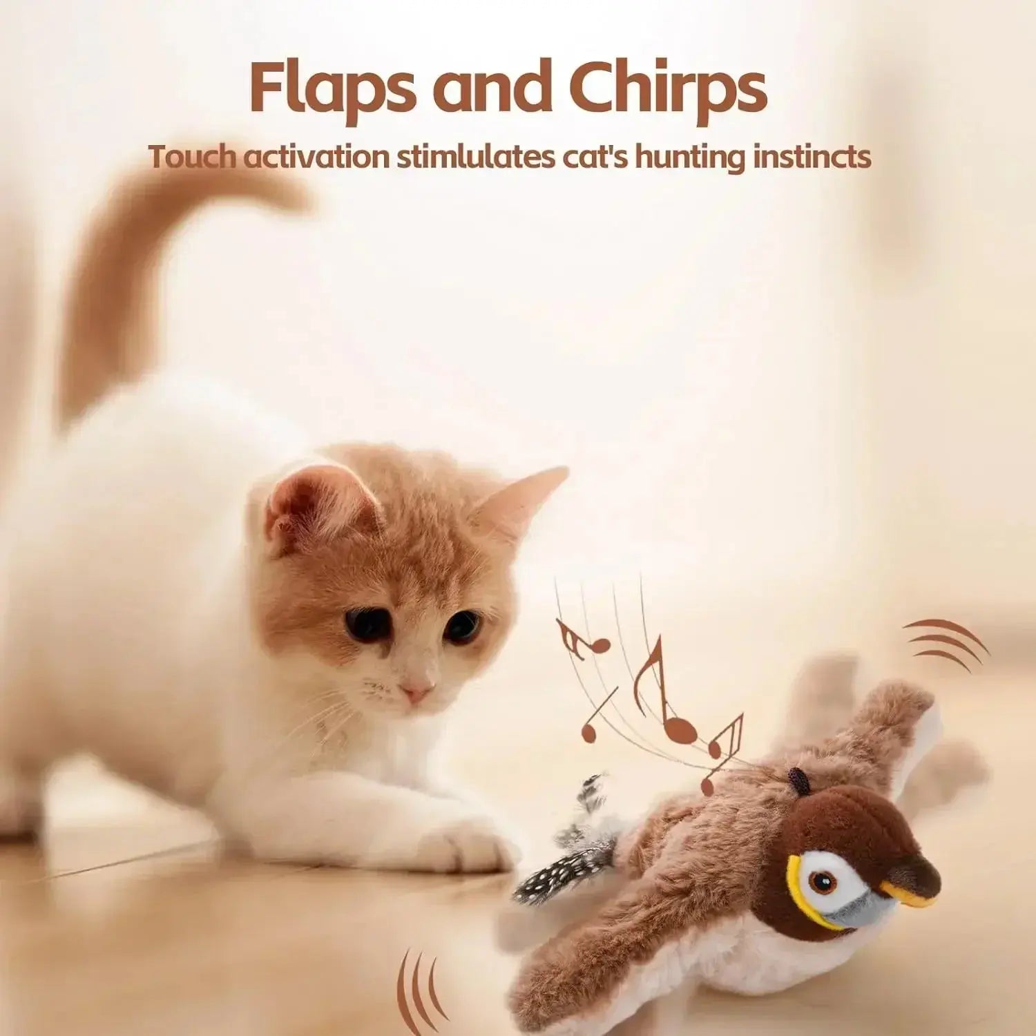 Interactive Cat Toys Chirping Electric Flapping Bird with Catnip Dogs Cats Touch Activated Squeak Plush Toy Pet USB Rechargeable Animals Kingdom