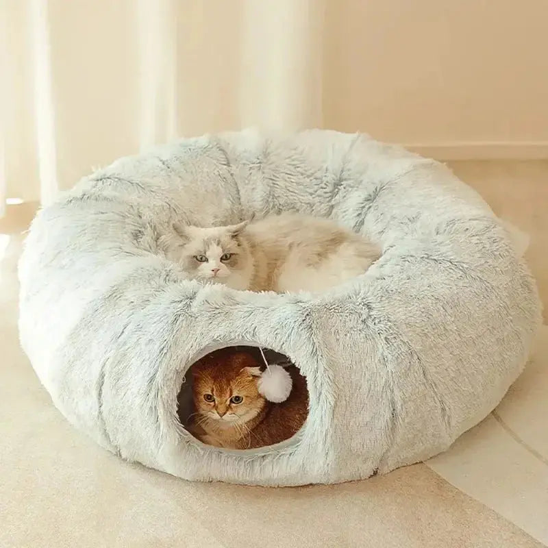 Plush Cat Bed with Tunnel for Indoor Cats Multifunctional Cat Tunnel Bed with Peephole  Fluffy Donut Cat Bed with Tunnel Les animaux connectés 🐕📱