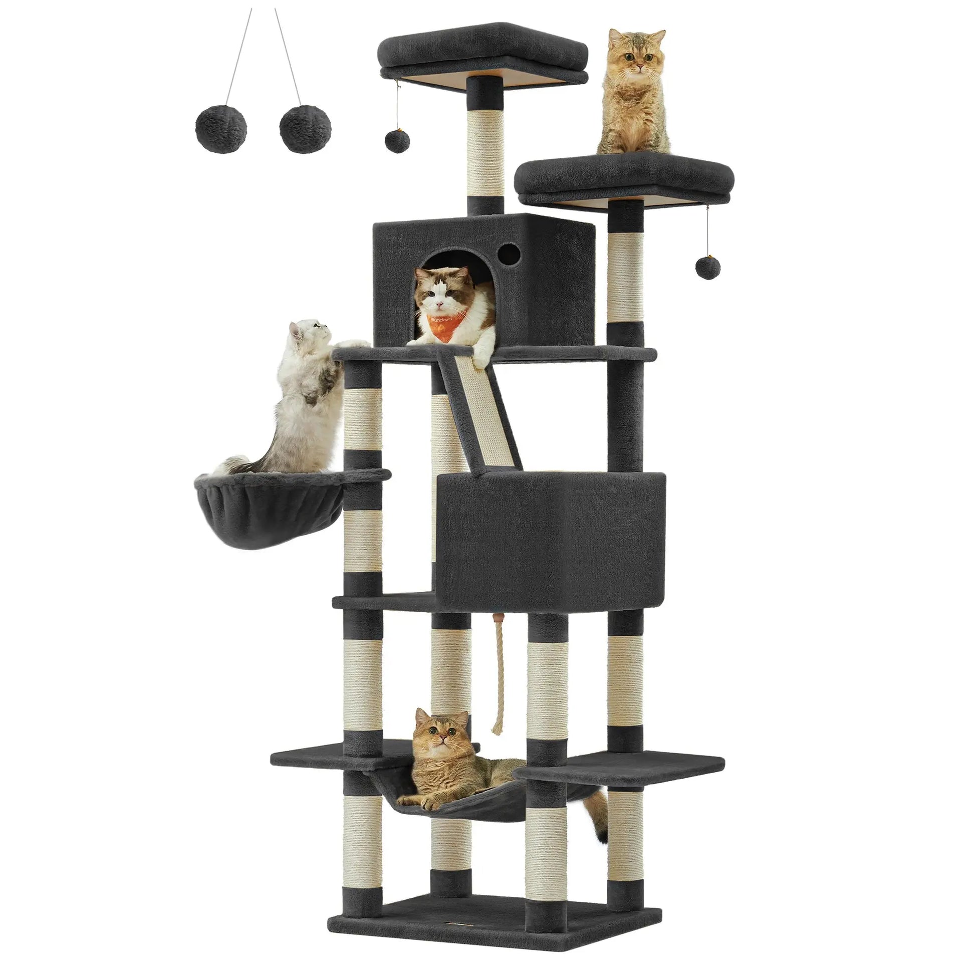 Feandrea Cat Tree, 206 cm Large Cat Tower with 13 Scratching Posts, 1 Scratching Ramp, 2 Perches, 2 Caves, Basket, Hammock Les animaux connectés 🐕📱