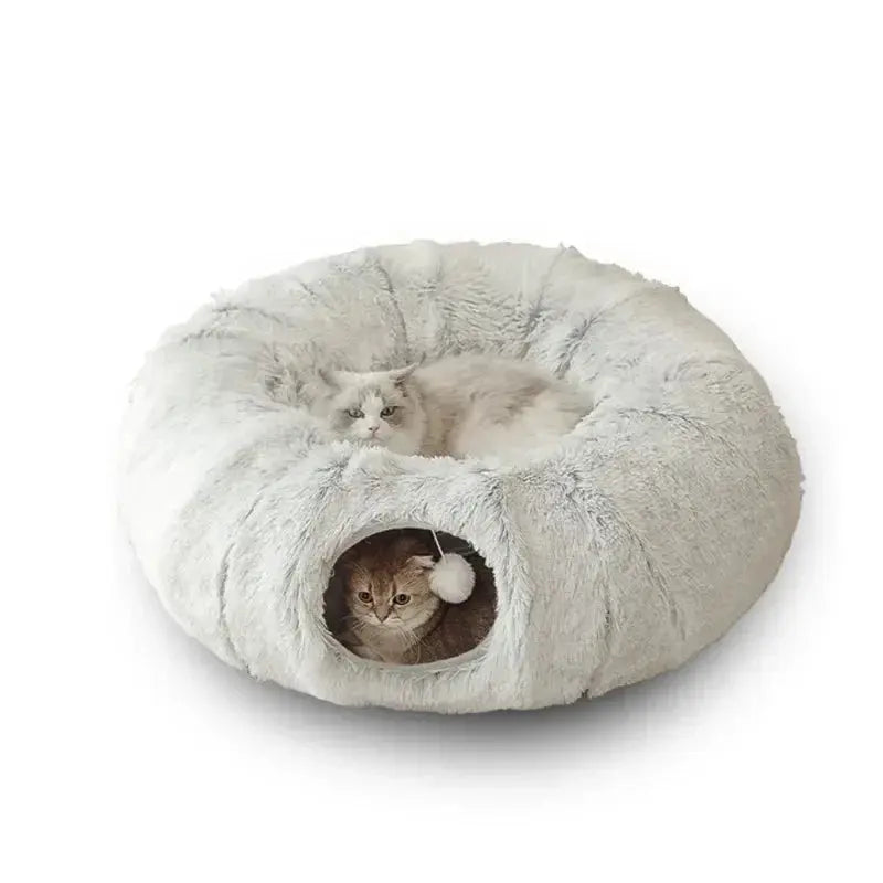 Plush Cat Bed with Tunnel for Indoor Cats Multifunctional Cat Tunnel Bed with Peephole  Fluffy Donut Cat Bed with Tunnel Les animaux connectés 🐕📱