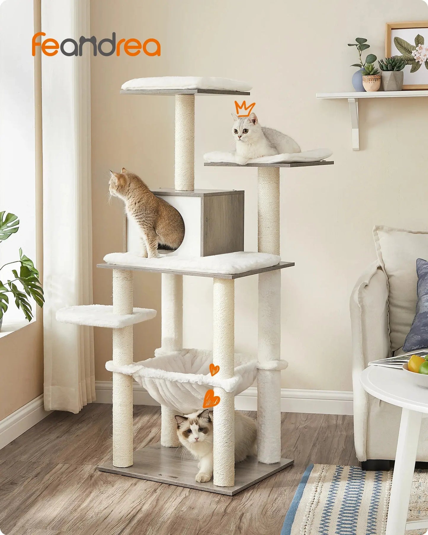 Feandrea Arbre à Chat, Tour de Jeux de 138 cm, Niche, Meuble pour Chat, Multiniveau, avec Griffoirs, Hamac, Plate-Forme Les animaux connectés 🐕📱