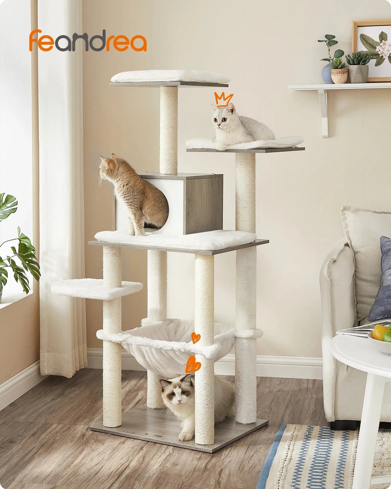 Feandrea Arbre à Chat, Tour de Jeux de 138 cm, Niche, Meuble pour Chat, Multiniveau, avec Griffoirs, Hamac, Plate-Forme Les animaux connectés 🐕📱