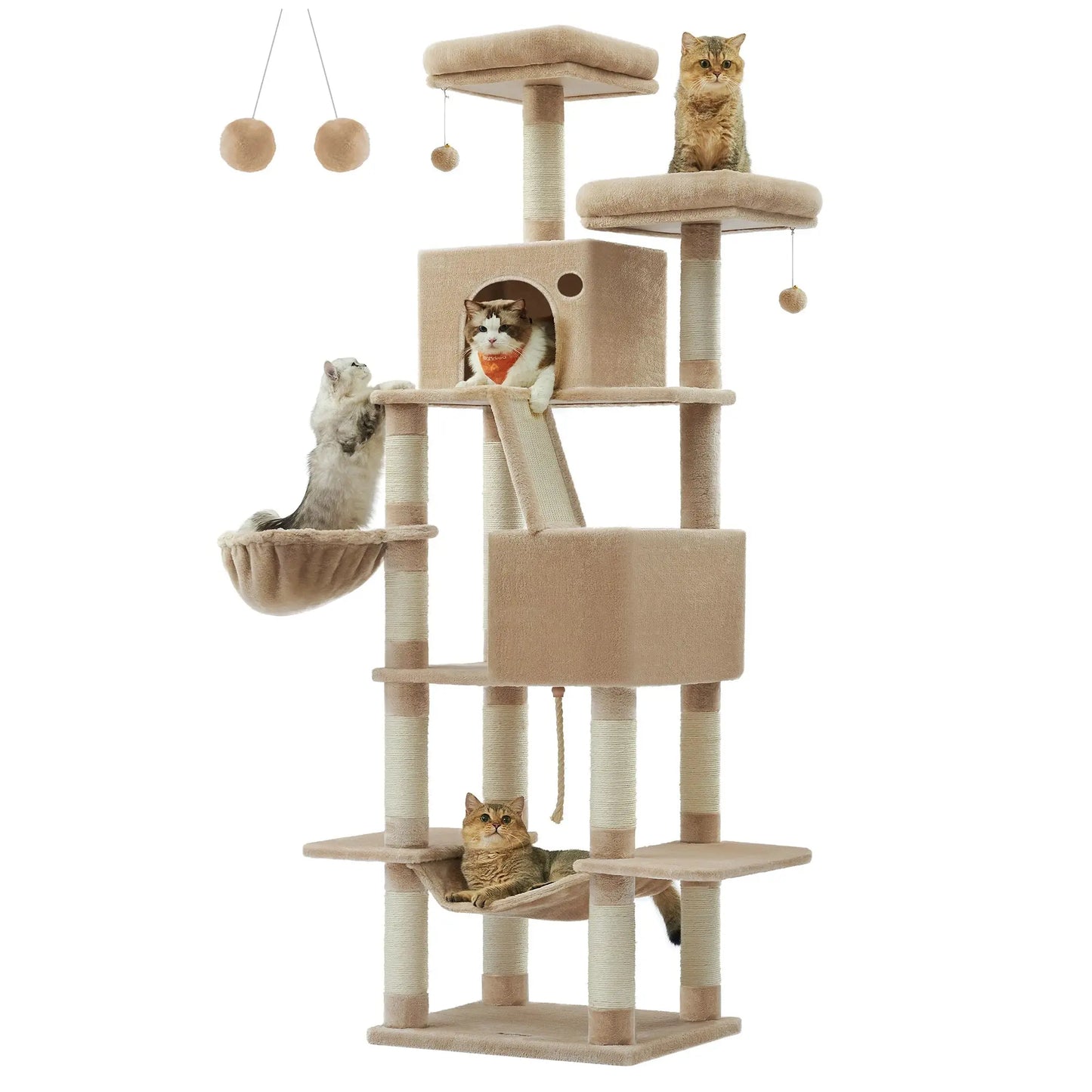 Feandrea Cat Tree, 206 cm Large Cat Tower with 13 Scratching Posts, 1 Scratching Ramp, 2 Perches, 2 Caves, Basket, Hammock Les animaux connectés 🐕📱