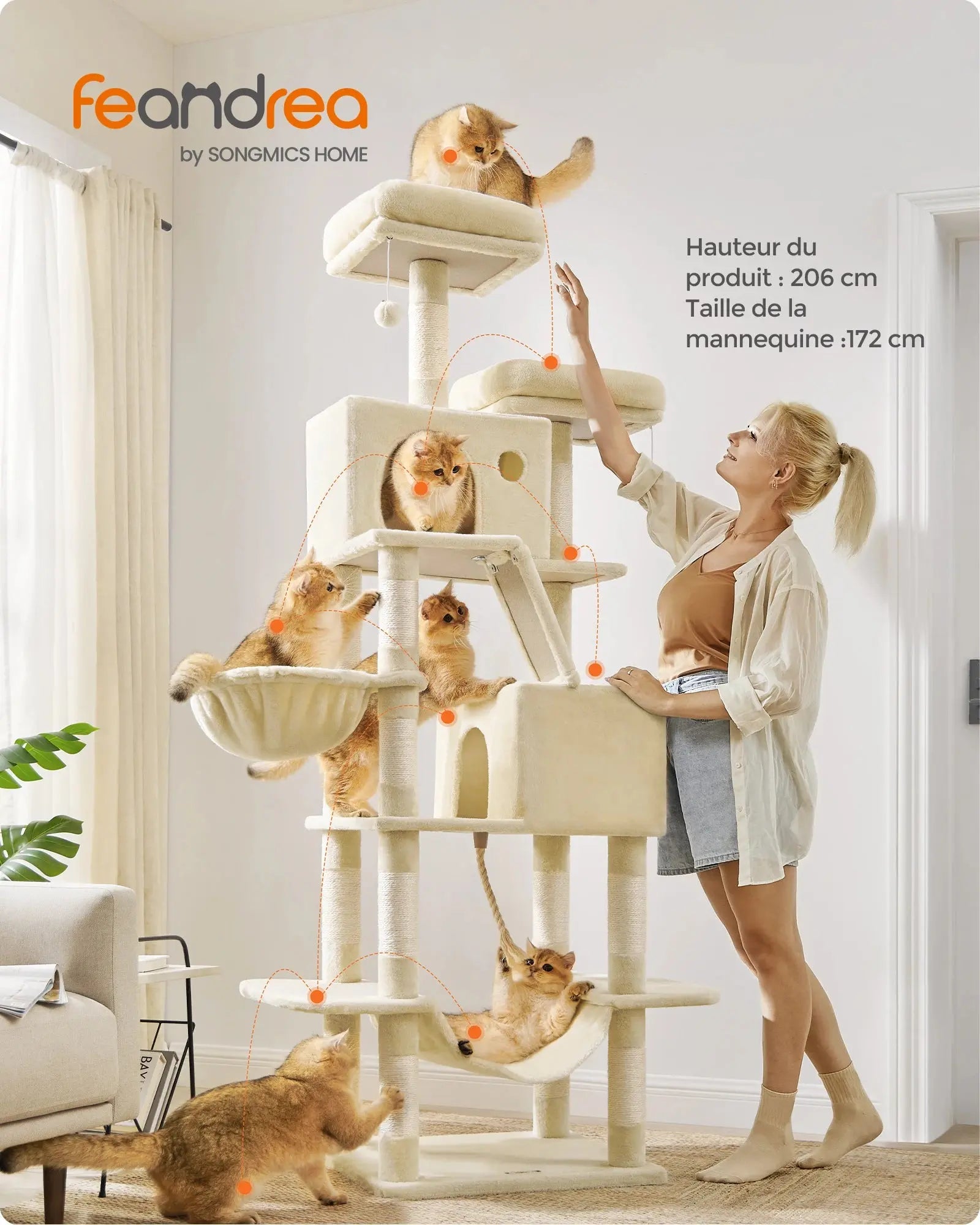 Feandrea Cat Tree, 206 cm Large Cat Tower with 13 Scratching Posts, 1 Scratching Ramp, 2 Perches, 2 Caves, Basket, Hammock Les animaux connectés 🐕📱