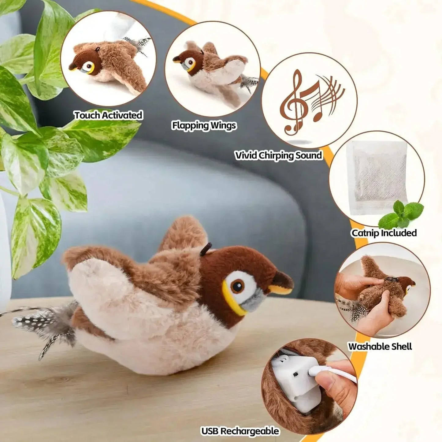 Interactive Cat Toys Chirping Electric Flapping Bird with Catnip Dogs Cats Touch Activated Squeak Plush Toy Pet USB Rechargeable Animals Kingdom