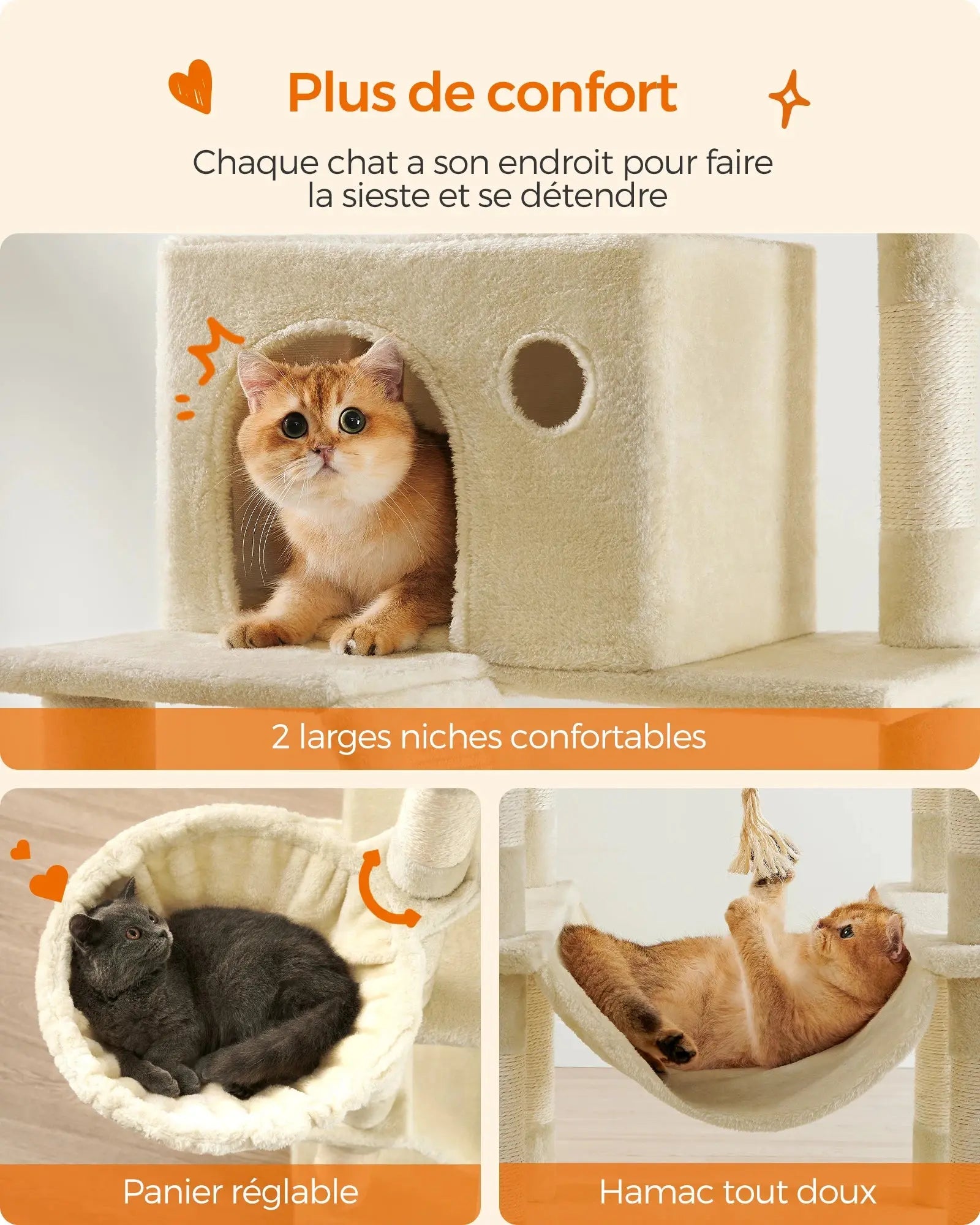 Feandrea Cat Tree, 206 cm Large Cat Tower with 13 Scratching Posts, 1 Scratching Ramp, 2 Perches, 2 Caves, Basket, Hammock Les animaux connectés 🐕📱