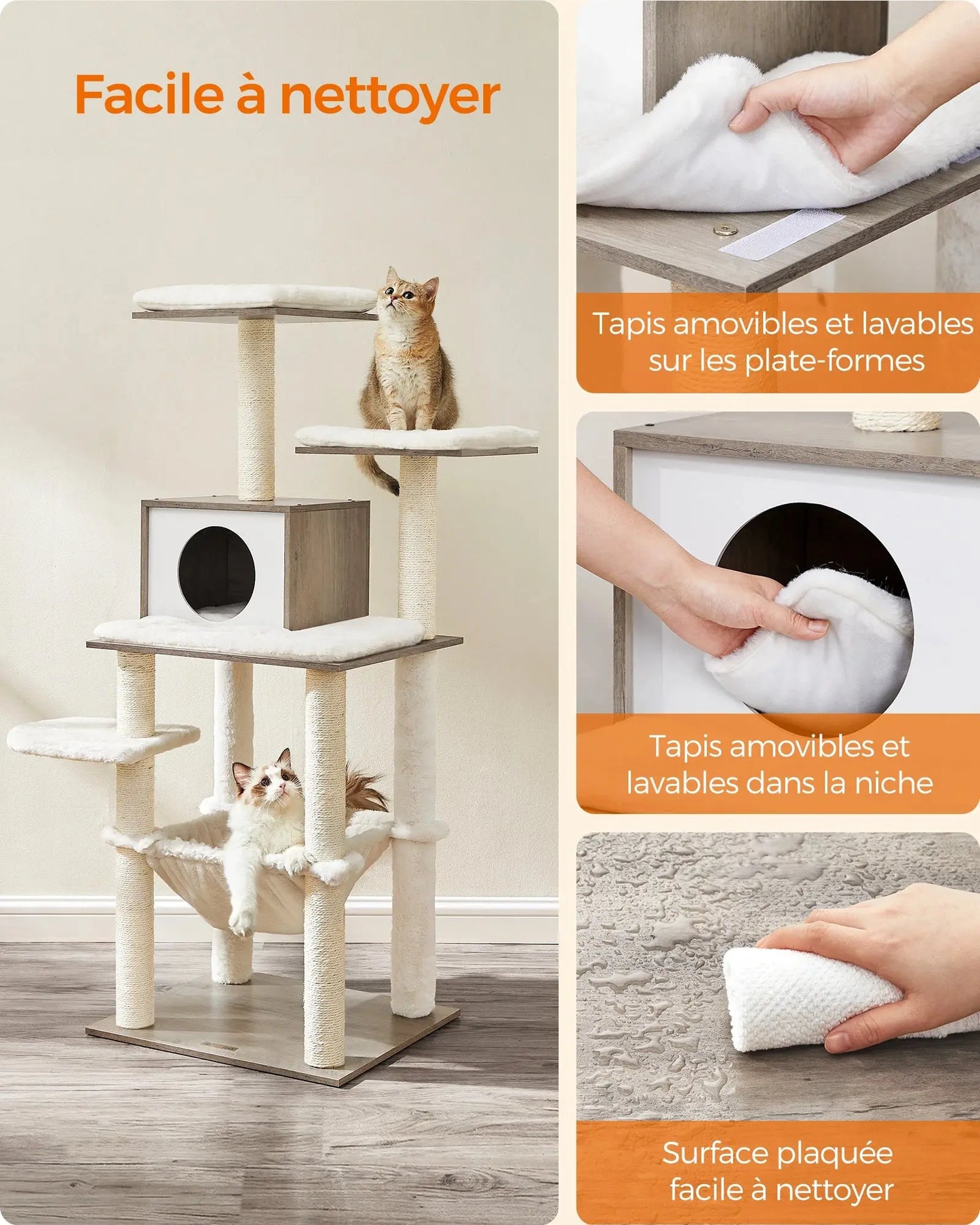 Feandrea Arbre à Chat, Tour de Jeux de 138 cm, Niche, Meuble pour Chat, Multiniveau, avec Griffoirs, Hamac, Plate-Forme Les animaux connectés 🐕📱