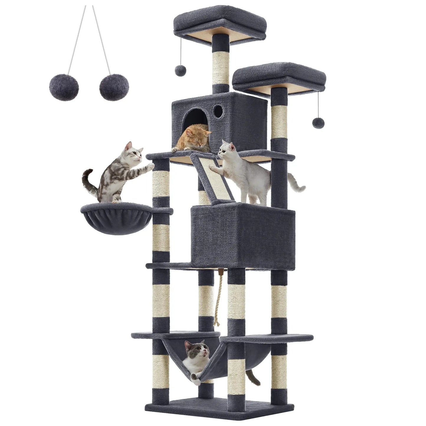 Feandrea Cat Tree, 206 cm Large Cat Tower with 13 Scratching Posts, 1 Scratching Ramp, 2 Perches, 2 Caves, Basket, Hammock Les animaux connectés 🐕📱