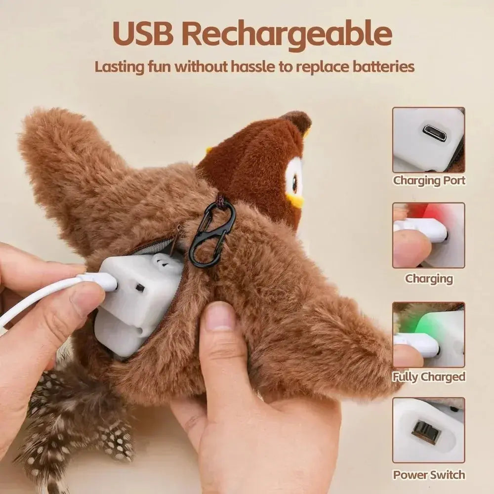 Interactive Cat Toys Chirping Electric Flapping Bird with Catnip Dogs Cats Touch Activated Squeak Plush Toy Pet USB Rechargeable Animals Kingdom