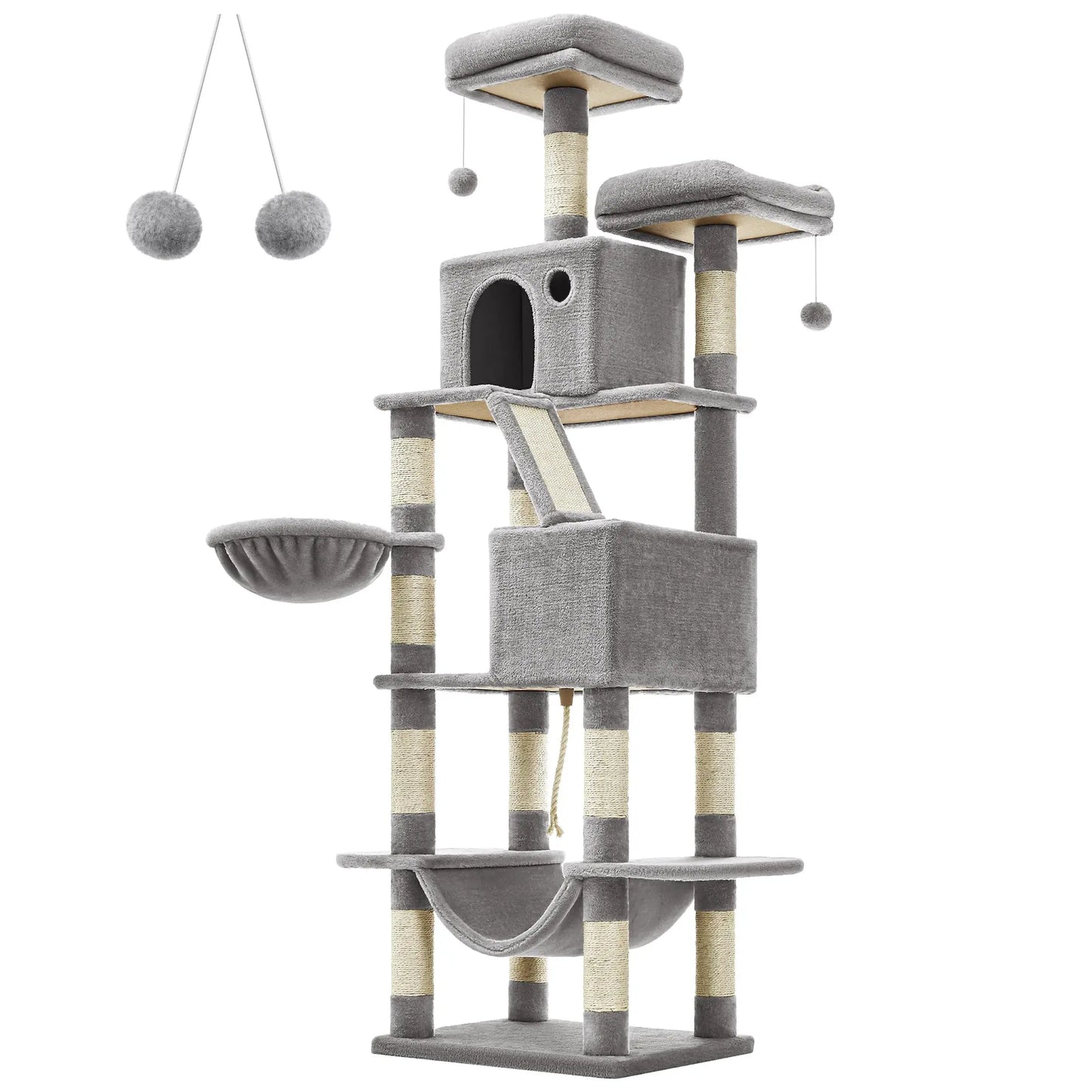 Feandrea Cat Tree, 206 cm Large Cat Tower with 13 Scratching Posts, 1 Scratching Ramp, 2 Perches, 2 Caves, Basket, Hammock Les animaux connectés 🐕📱